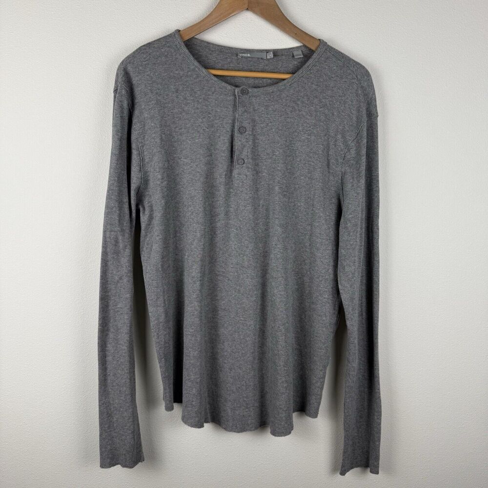 Vince Men's Ribbed Henley Long Sleeve Size XL Gray Cotton Wool Blend Stretch